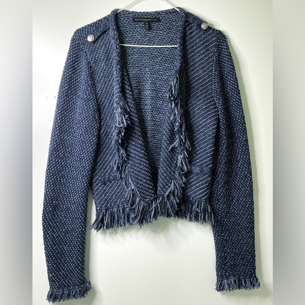 White House Black Market Tweed Fringe Open Front Jacket Multi colored M